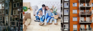 two images showing mid-rise housing and a happy family in between.